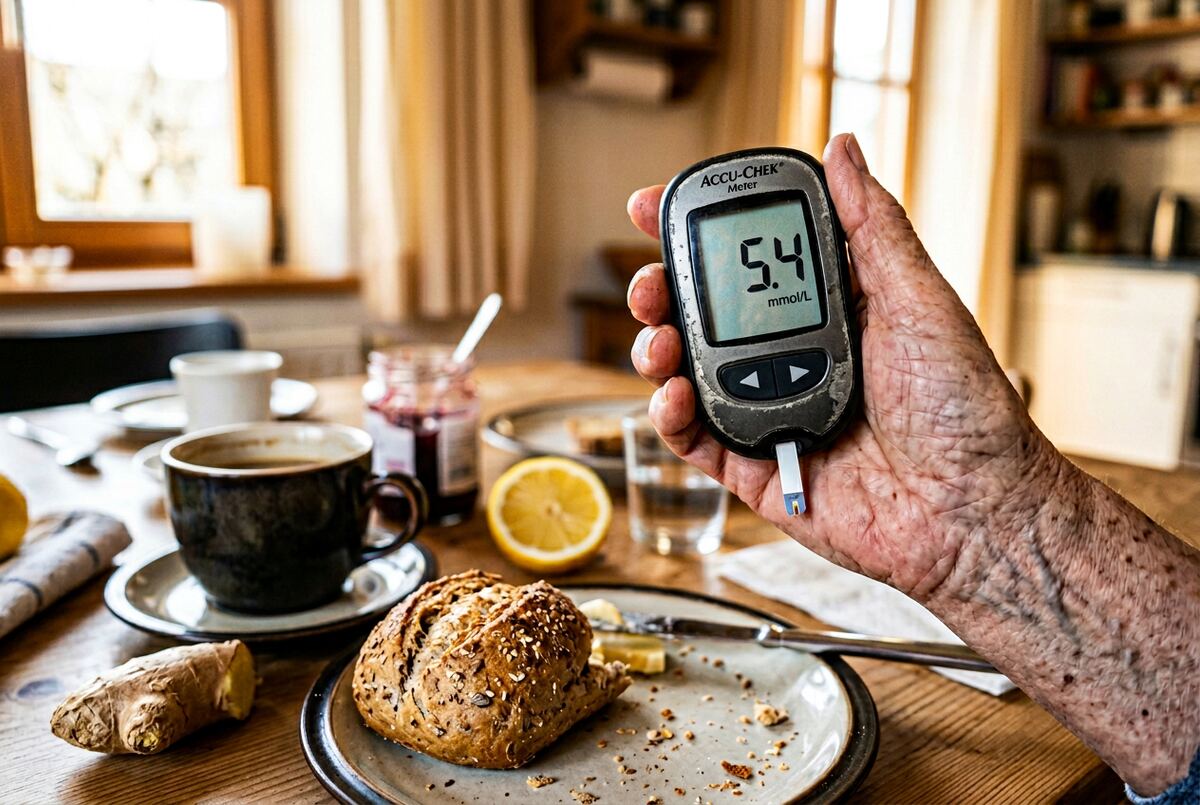 Margaret's morning blood-sugar check with breakfast